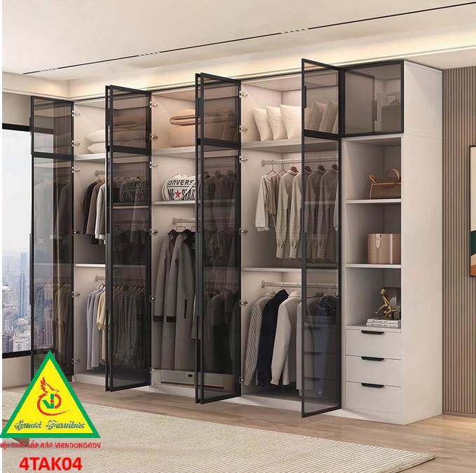 Tủ quần áo gỗ MDF cánh kính cường lực khung nhôm 4TAK04 - Nội thất lắp ráp Viendong Adv