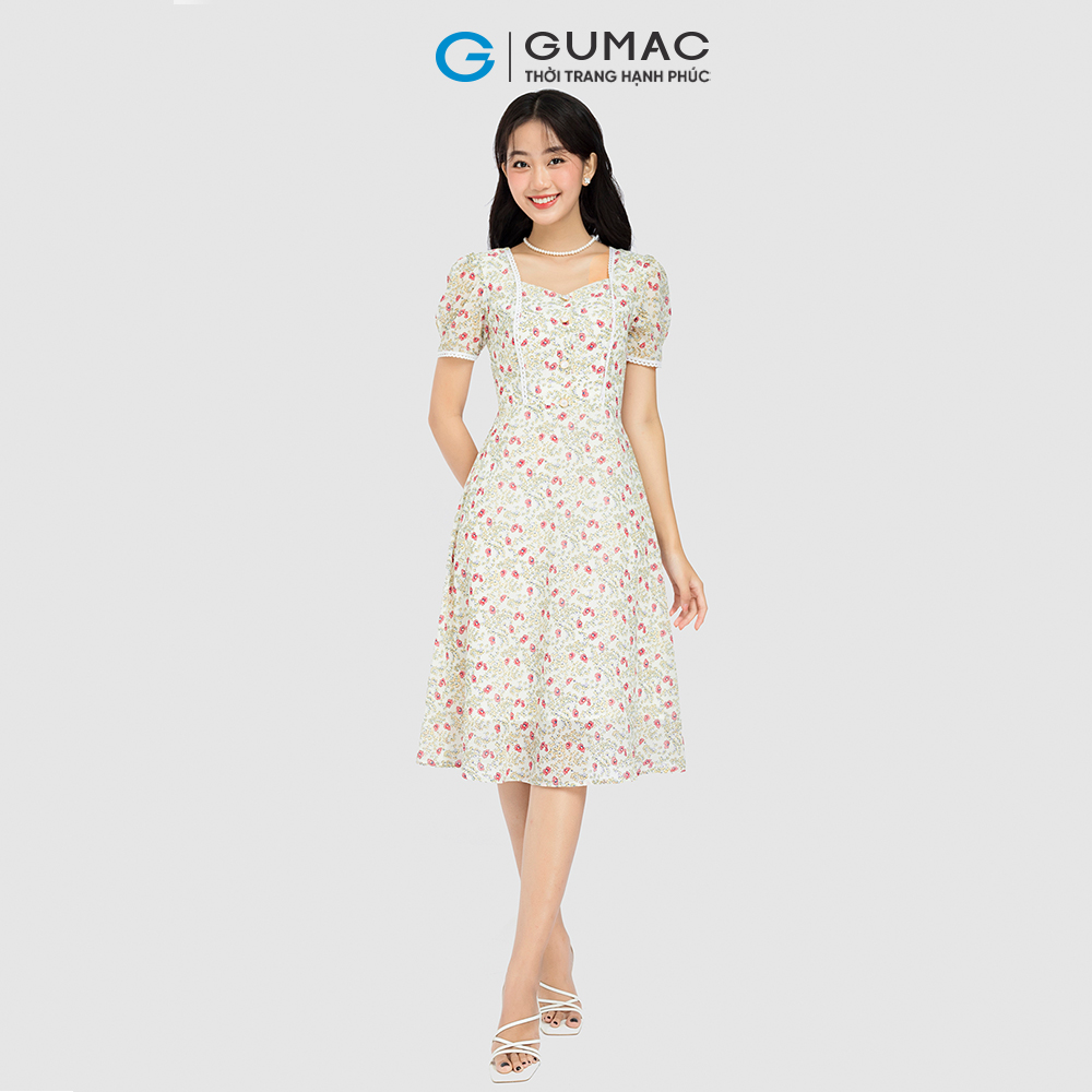 Đầm hoa form A GUMAC DC08096 viền ren dáng cổ vuông