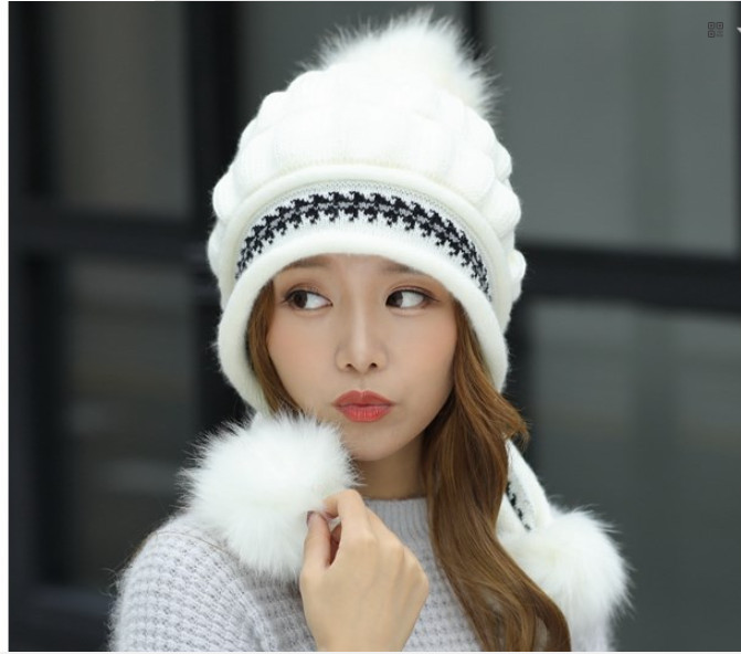 Mũ len quả bông kèm găng tay phong cách Hàn, nón len găng tay lông thỏ cao cấp
