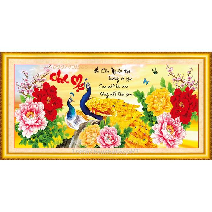 Tranh đá Cha mẹ 2 con công mẫu đơn - 100*50cm
