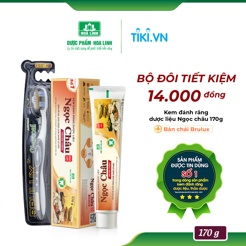 {MỚI} Comnbo Kem đánh răng dược liệu Ngọc Châu 170g + Bàn chải Brulux