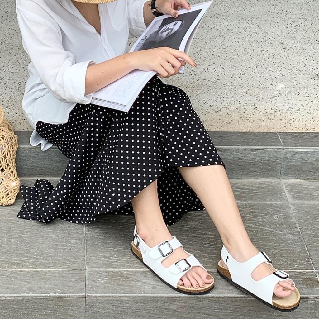 Giày Sandal nữ HuuCuong 2 khóa trắng đế trấu handmade