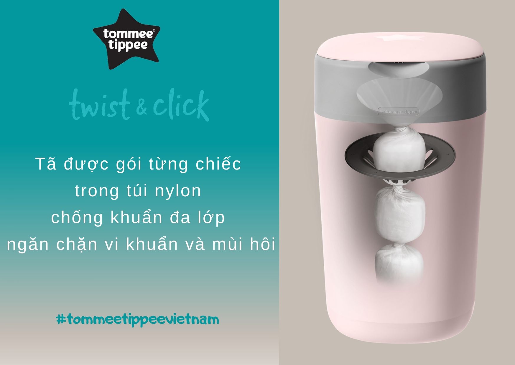 Thùng xử lý tã cho bé Tommee Tippee - Twist &amp; Click - Hồng