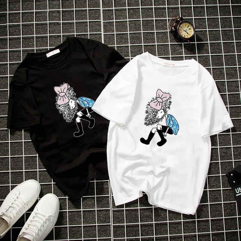 Áo thun nam nữ cô bé tóc xù vải dày mịn 2020T3003