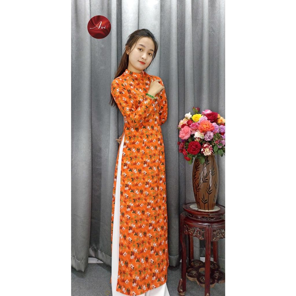 Áo dài nữ nền cam họa tiết hoa nhí chất lụa mềm mịn mát cao cấp - Áo dài Airi