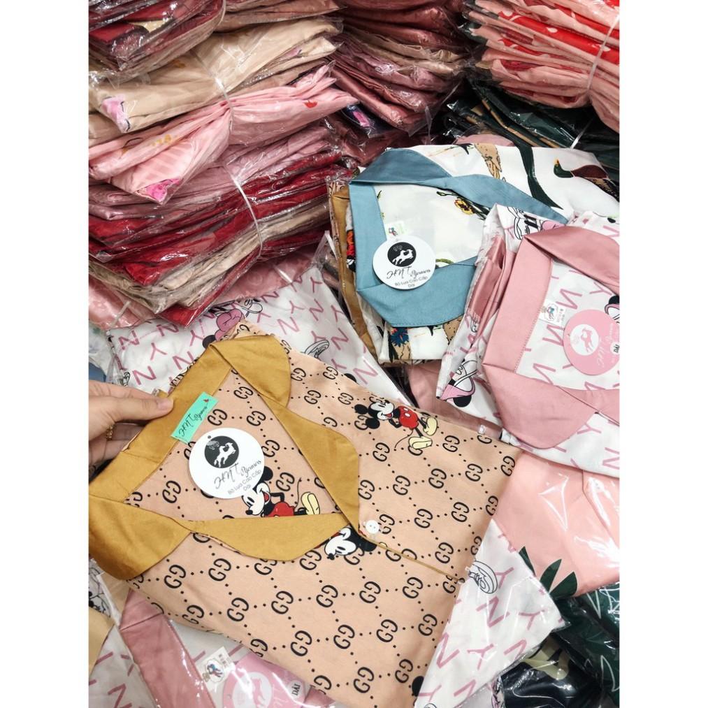 freeship Bộ đồ ngủ pijama dài tay lụa cao cấp Satin họa tiết mickey nâu siêu đẹp ( Hàng loại đẹp)