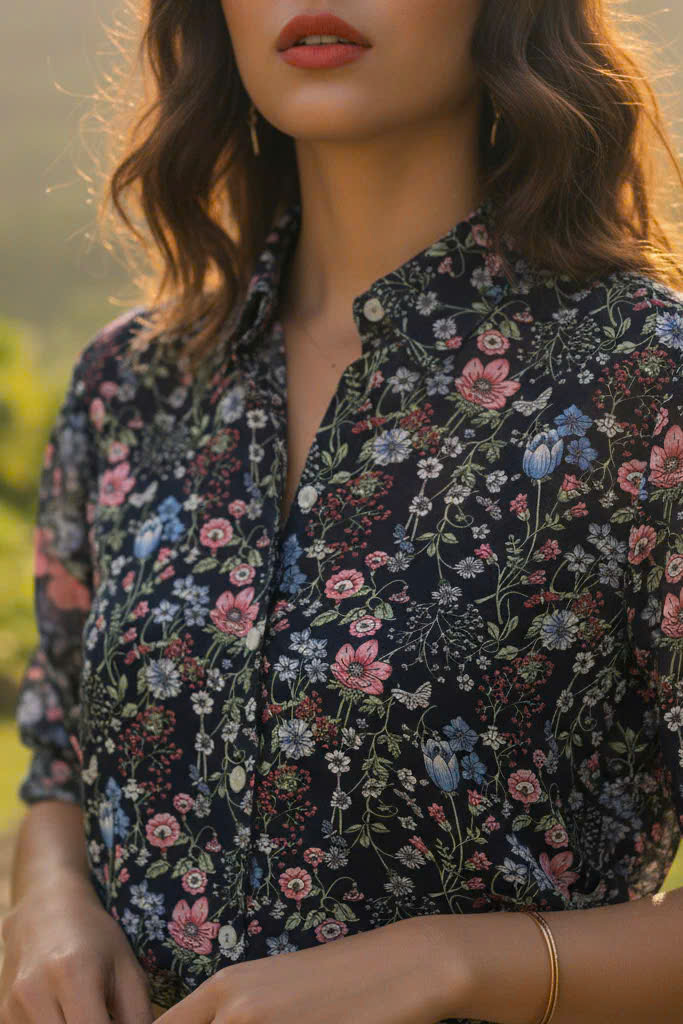 Áo Sơ Mi Hoa Điểm Ngọc, Áo Sơ Mi Tay Dài Nữ Chiffon Voan Hoa Cổ Điển Vintage thời trang thiết kế Hity Top171