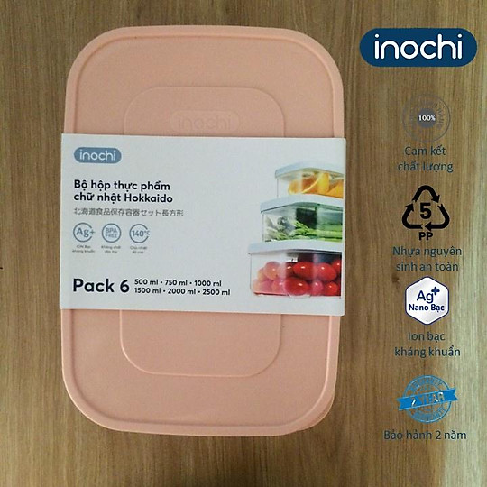 Hình ảnh Bộ 6 hộp đựng thực phẩm chữ nhật đủ size Hokkaido ( Tặng kèm Sticker) - Chính hãng Inochi