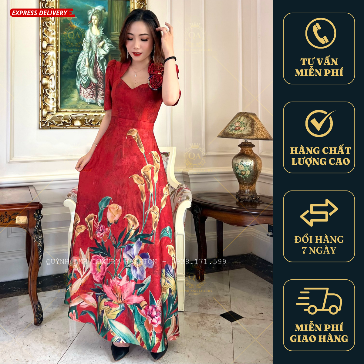 Đầm Xoè Nữ Hoàng Đỏ Hoạ Tiết Hoa Cao Cấp Sang Trọng Lilybelle Dress