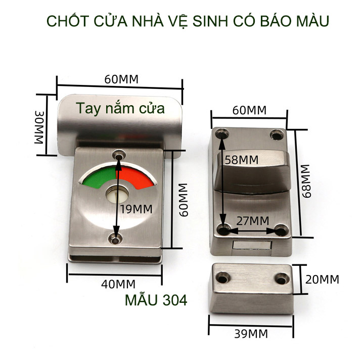 Chốt khóa cửa nhà vệ sinh chỉ thị màu bằng inox 304 không gỉ, kiểu vặn