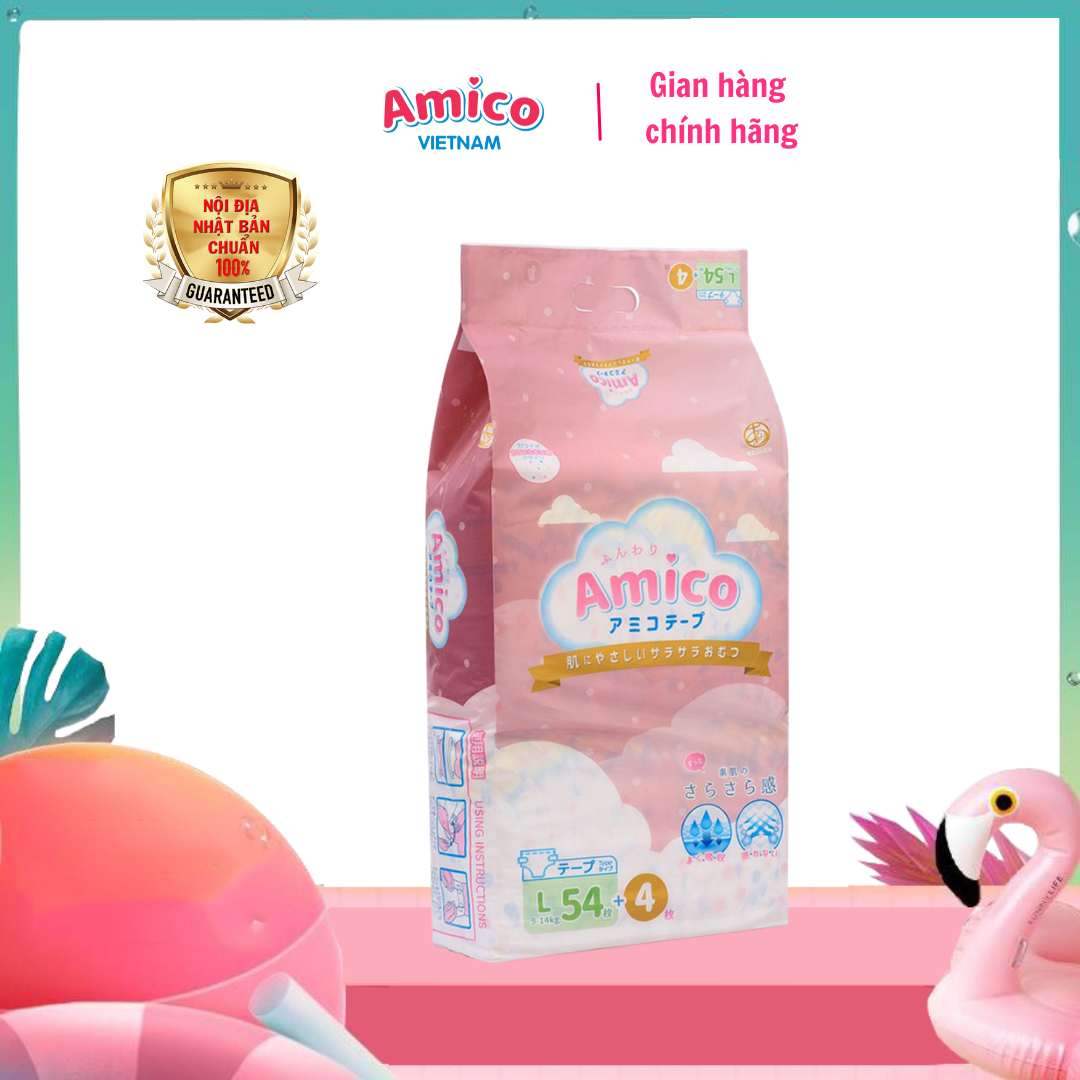 Bỉm - Tã dán Amico size L 54 + 4 miếng (Cho bé 9 - 14 kg)