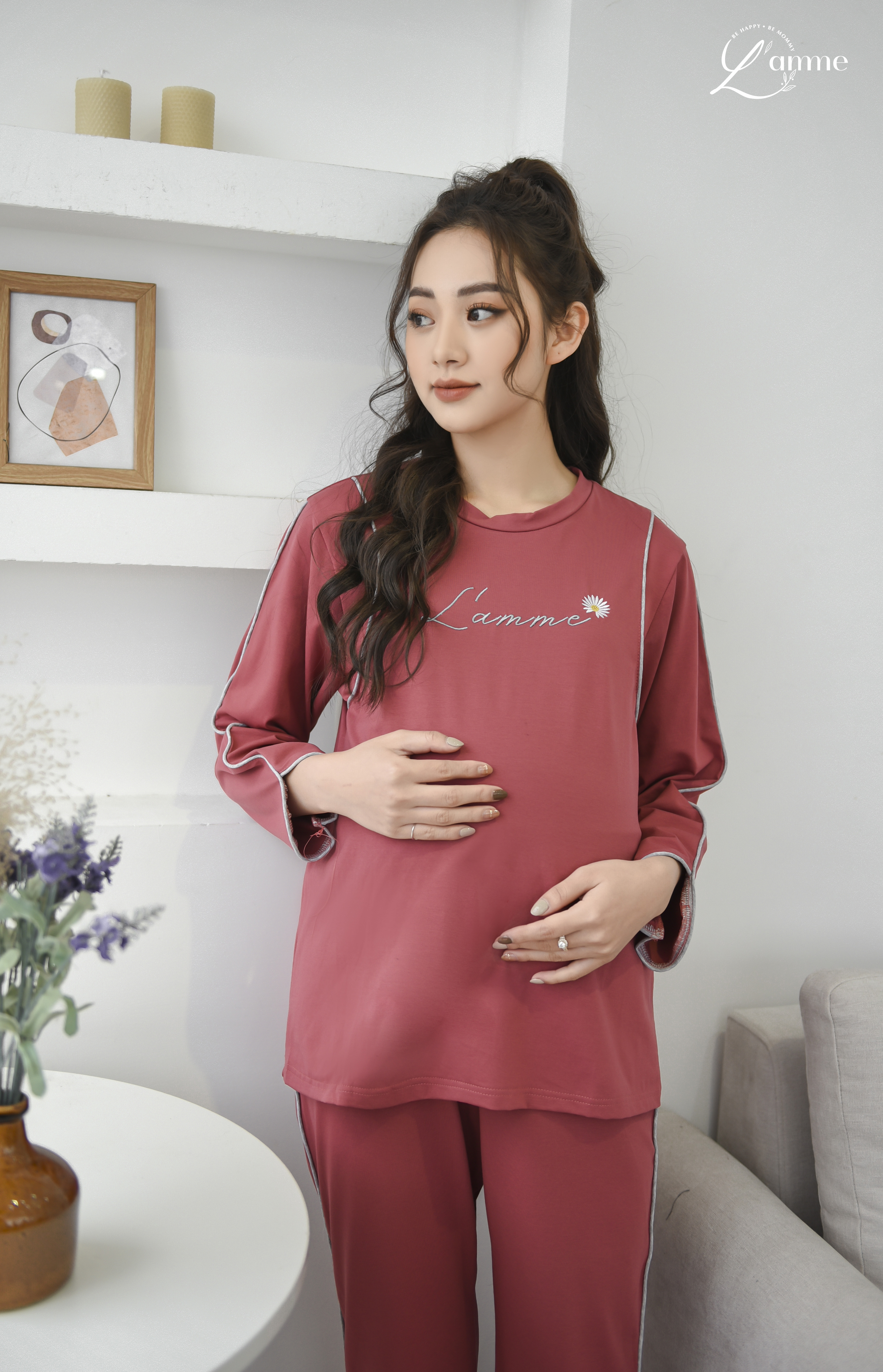 Bộ bầu sau sinh (B05) chất cotton thấm hút mồ hôi tốt, có chỗ cho em bé tuti, quần có chun điều chỉnh - thiết kế bởi LAMME