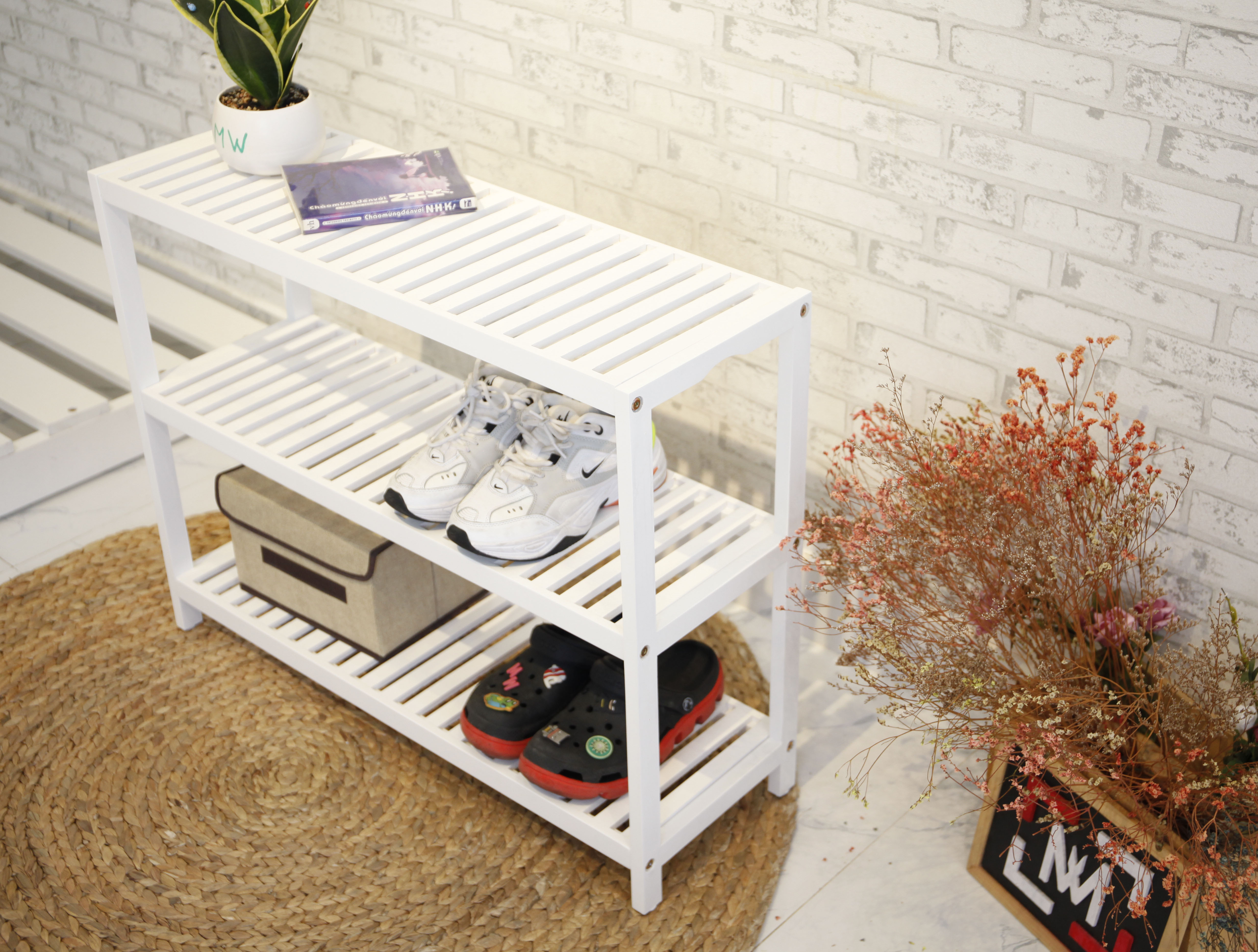 KỆ GIÀY GỖ/ KỆ TRANG TRÍ LẮP RÁP HÀN QUỐC ĐA NĂNG 3 TẦNG - BENCH 3F 800  WHITE