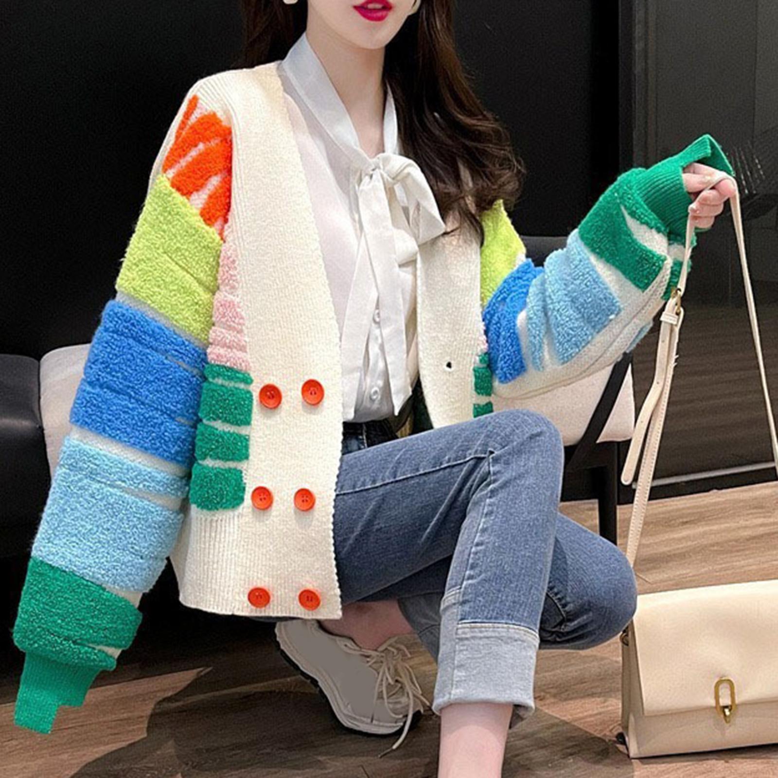 Rainbow Striped Cardigan Sweater Double Breasted Sweater Jacket Coat Button Autumn Clothing Daily Wear Long Sleeve Knit Sweater