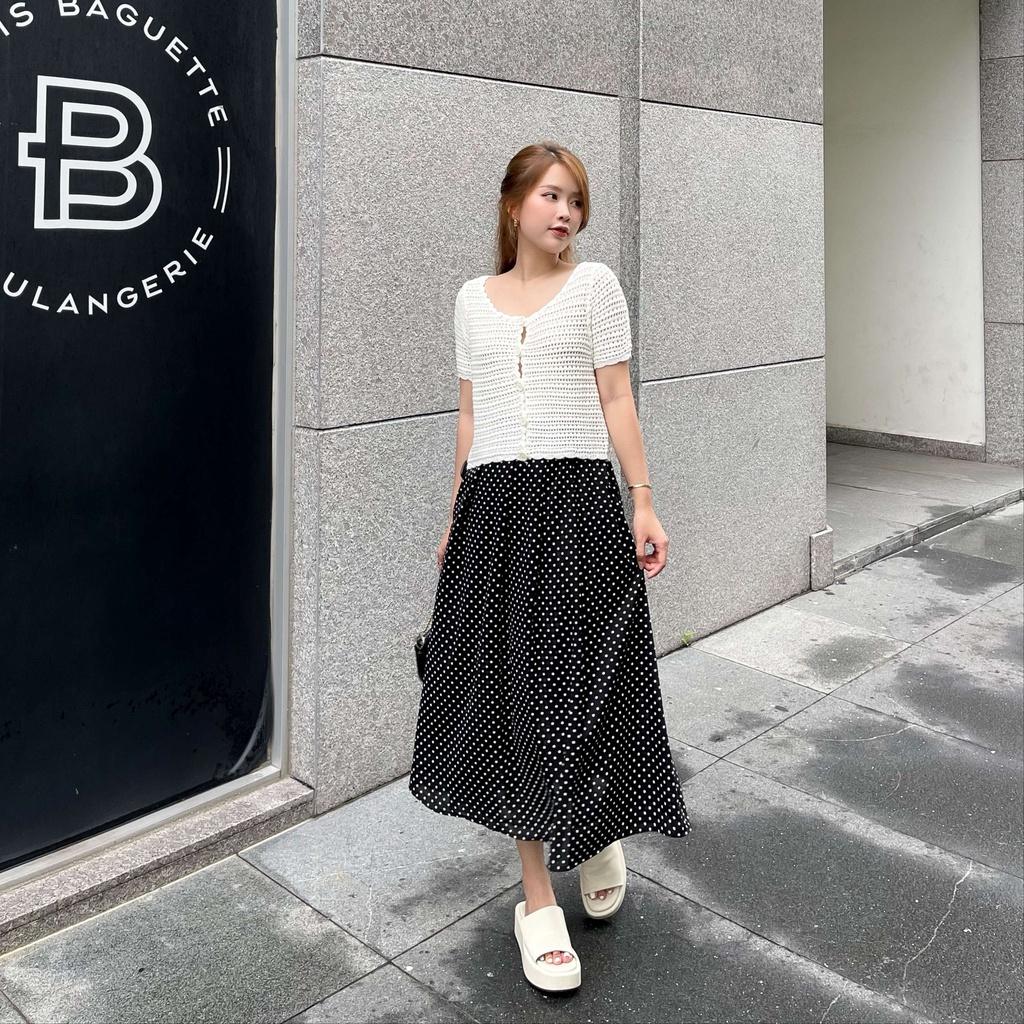 Surichau - Đầm maxi chấm bi xếp ly vải mềm mại freesize hoạ tiết hoa nhí