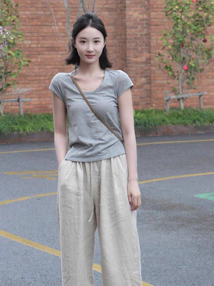 Quần dài suông linen thô cao cấp đũng ngắn lưng thun (Be Sáng)