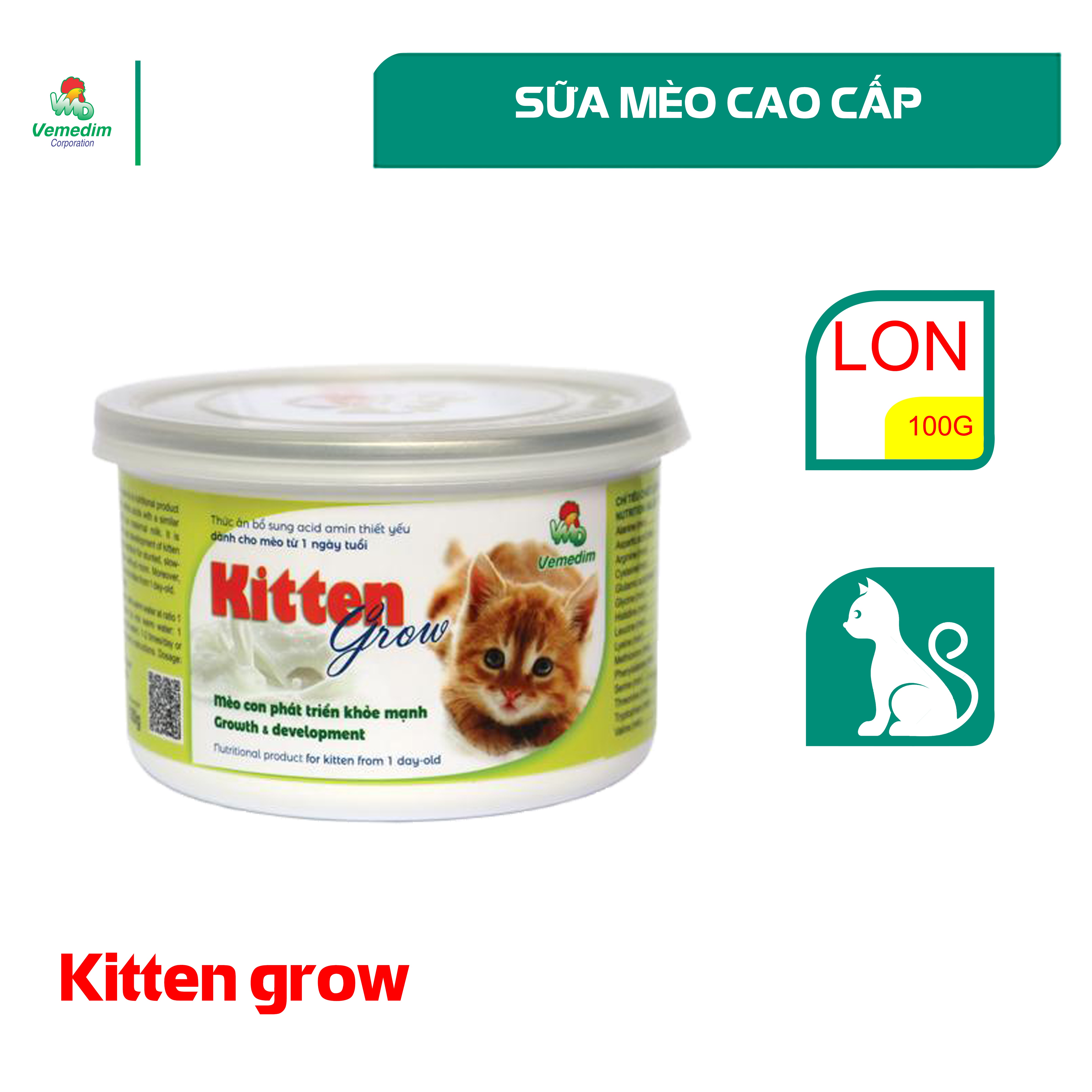 Vemedim Kitten Grow sữa cao cấp dành cho mèo con, lon 100g