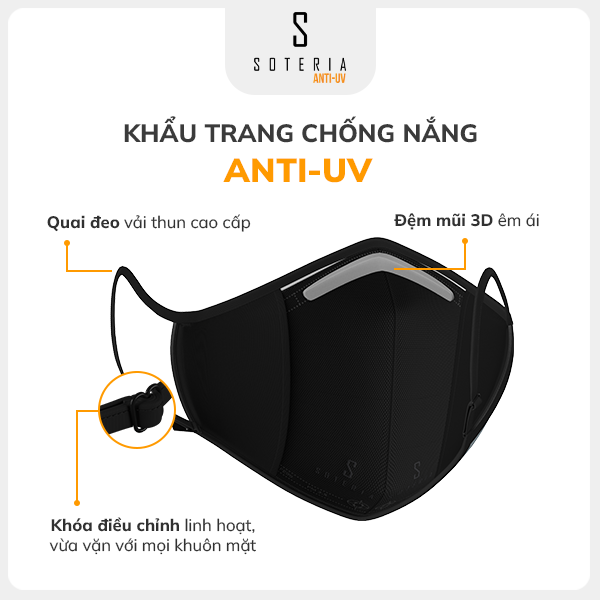 Khẩu trang chống nắng Anti UV Soteria Ebony đạt chuẩn UPF 50+, chống khuẩn chống bụi siêu mịn 0.1 micro