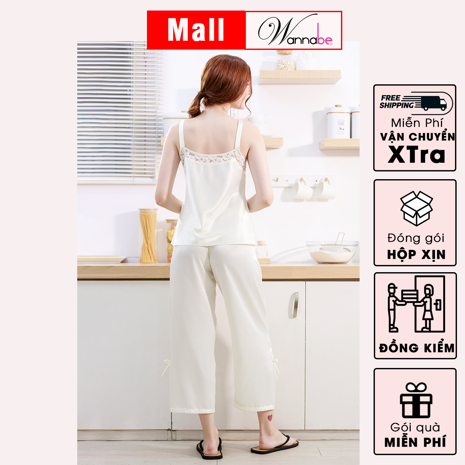 Đồ bộ mặc nhà WANNABE BDS54 đồ bộ quần dài áo bản vai 2 cm đính nơ xinh xắn, cổ áo hình chữ M phối ren nữ tính