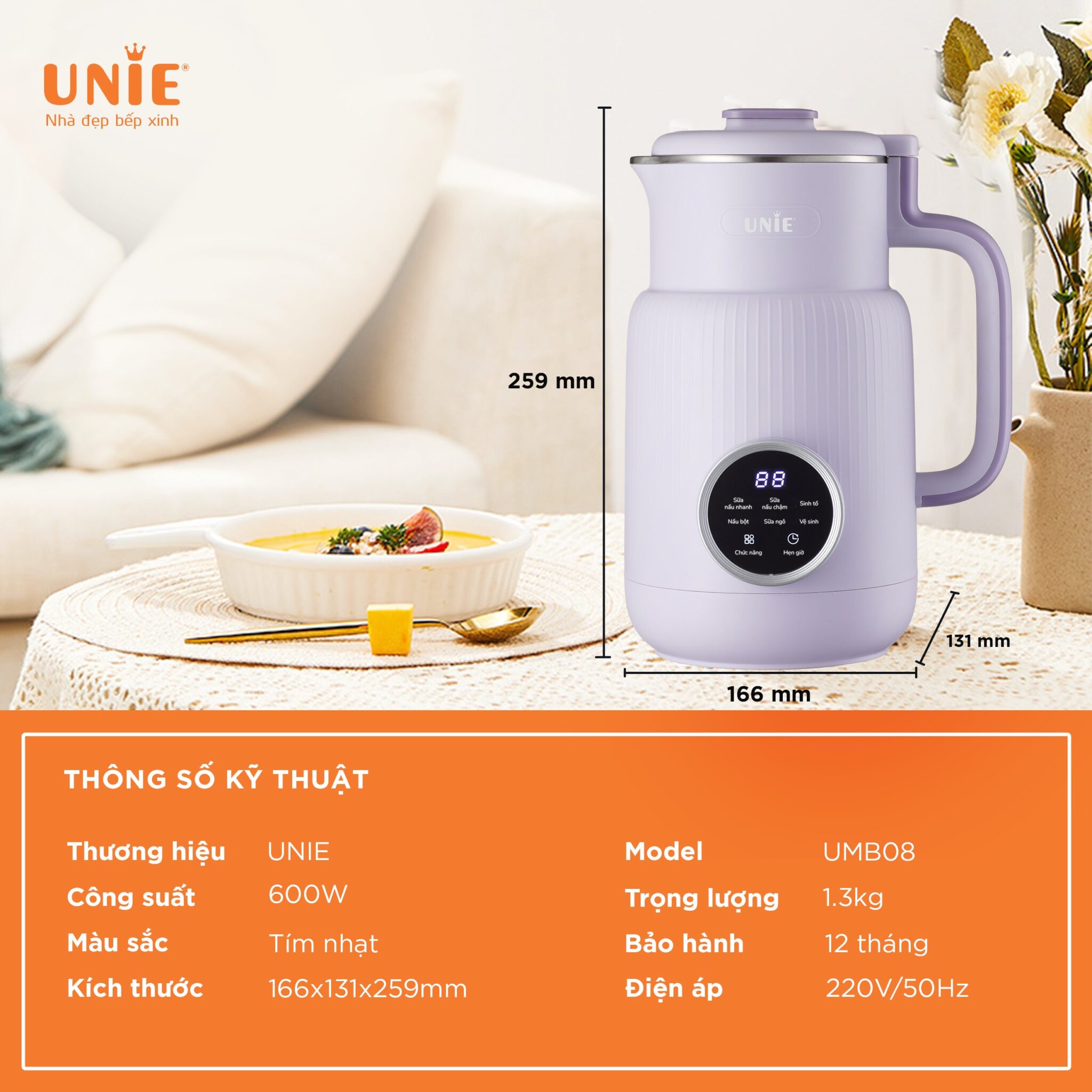 Máy Làm Sữa Hạt Mini UNIE UMB08 Nhỏ Gọn Thời Trang, Gồm 5 Chức Năng, Dung Tích 0.6L, Công Suất 600W - Hàng Chính Hãng