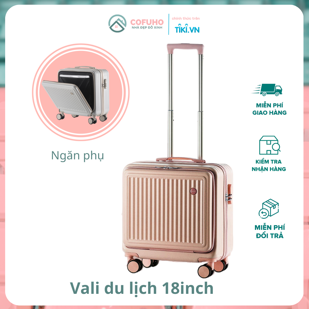 Vali Du Lịch Thời Trang Xách Tay size 18inch PVL23-02, Vali Kéo Chống Nước Bánh Xe Không Tiếng Động, Thùng Đựng Hành Lý Lên Cabin