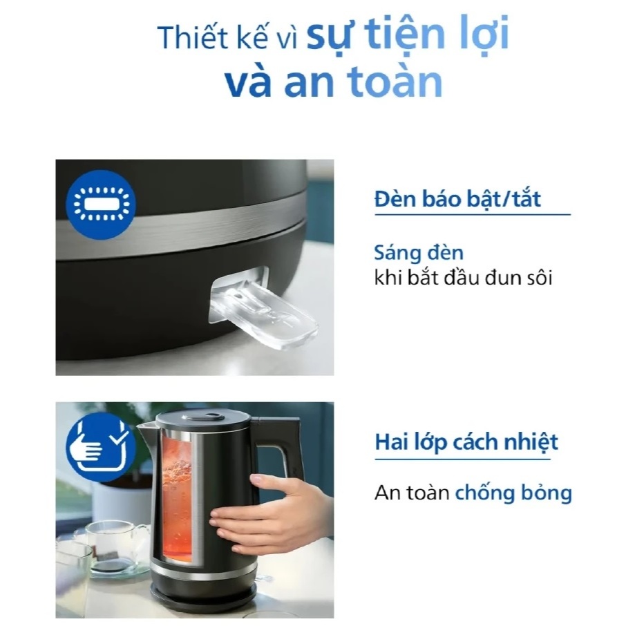 Bình/Ấm đun nước siêu tốc Philips 1.7L HD9395, công suất 2200W, bảo hành 2 năm| Hàng Chính Hãng