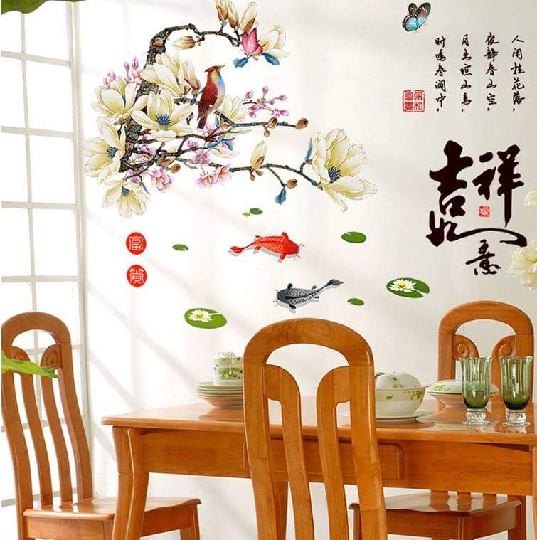 Decal dán tường Mẫu đơn chim én và sen phong thủy - HP500