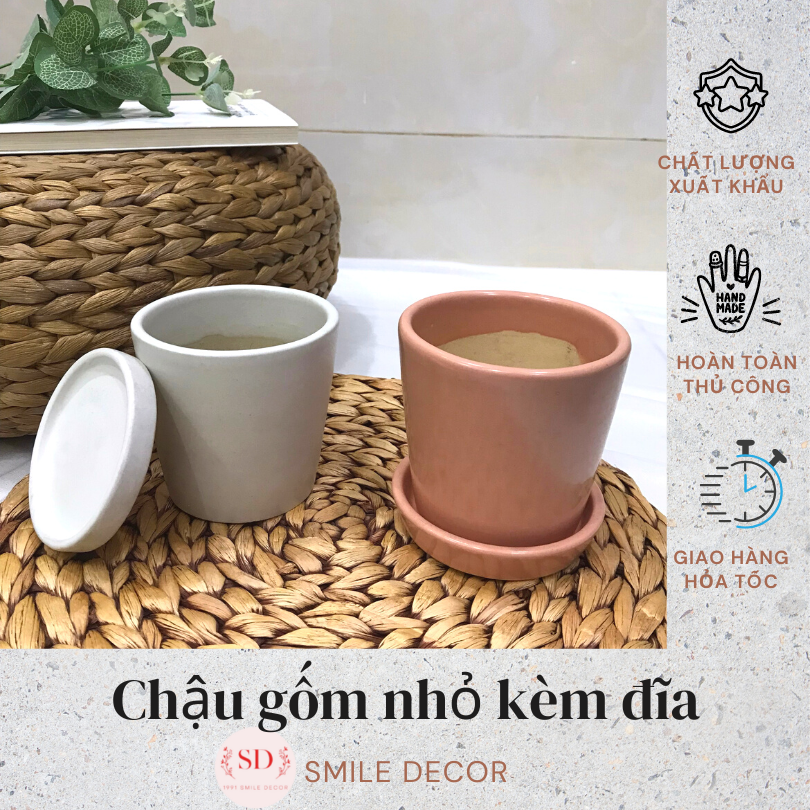 Chậu gốm sứ mini Smile Decor trồng cây trong nhà, sân vườn kèm đĩa