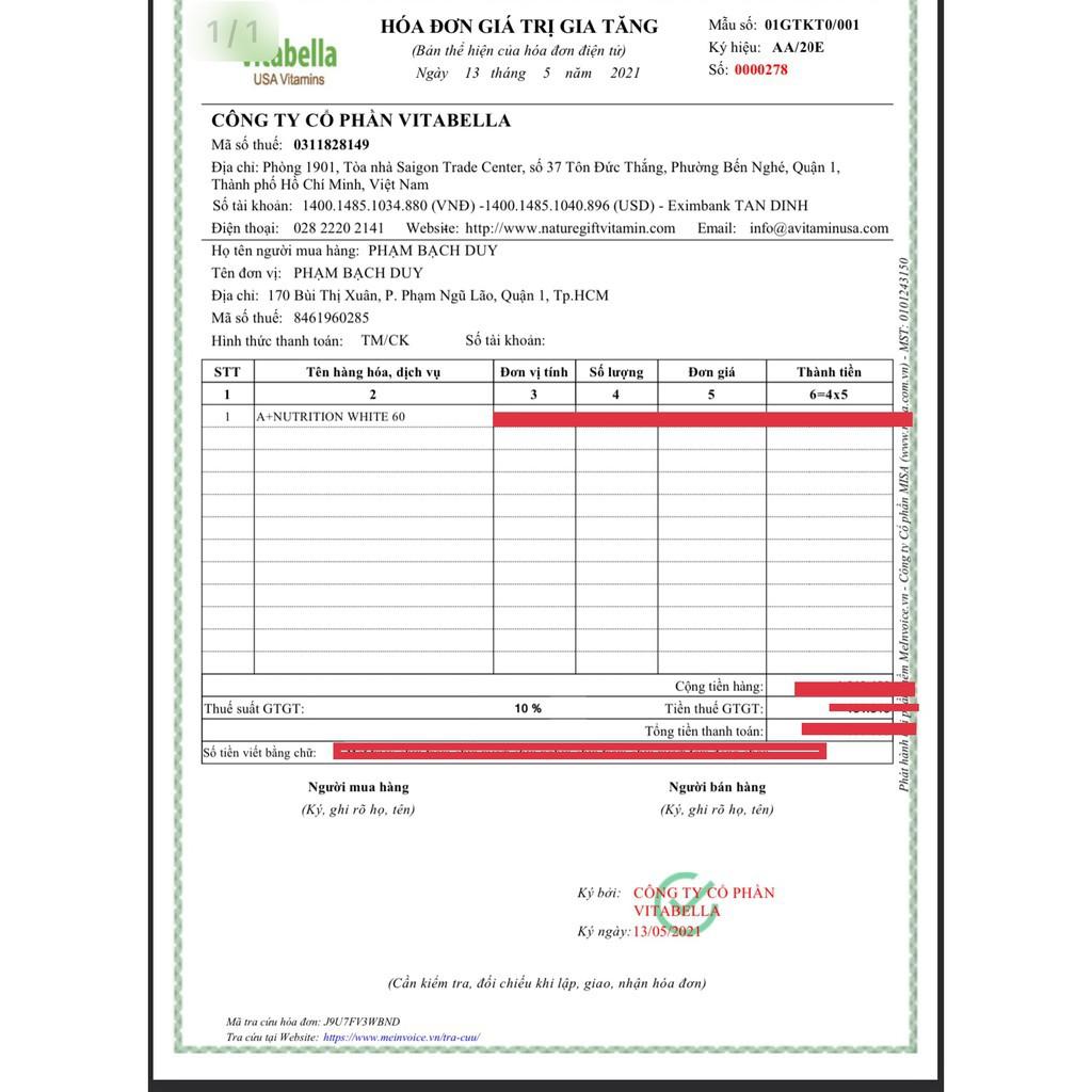 HÀNG NHẬP KHẨU - Viên Uống WHITE Collection A+ Nutrition Trắng Sáng Da Giảm Sạm Nám Chống Lão Hoá Hộp 60 Viên