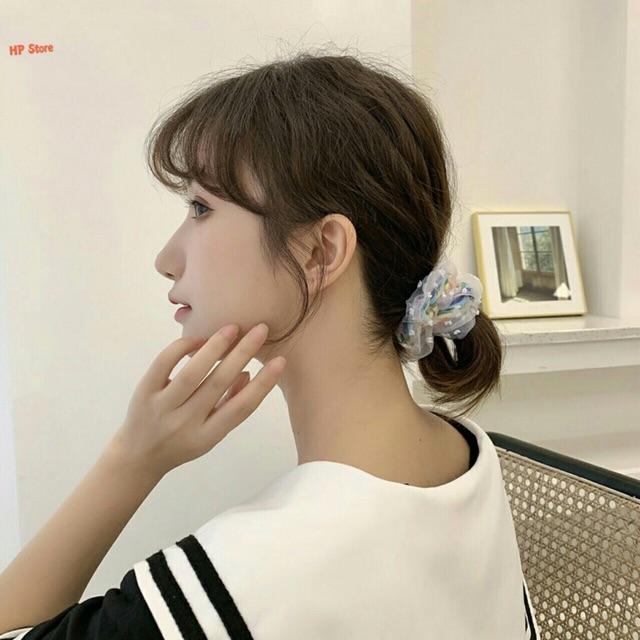 Cột Tóc Cầu Vồng Scrunchies Vải Ren Chấm Bi Phồng To