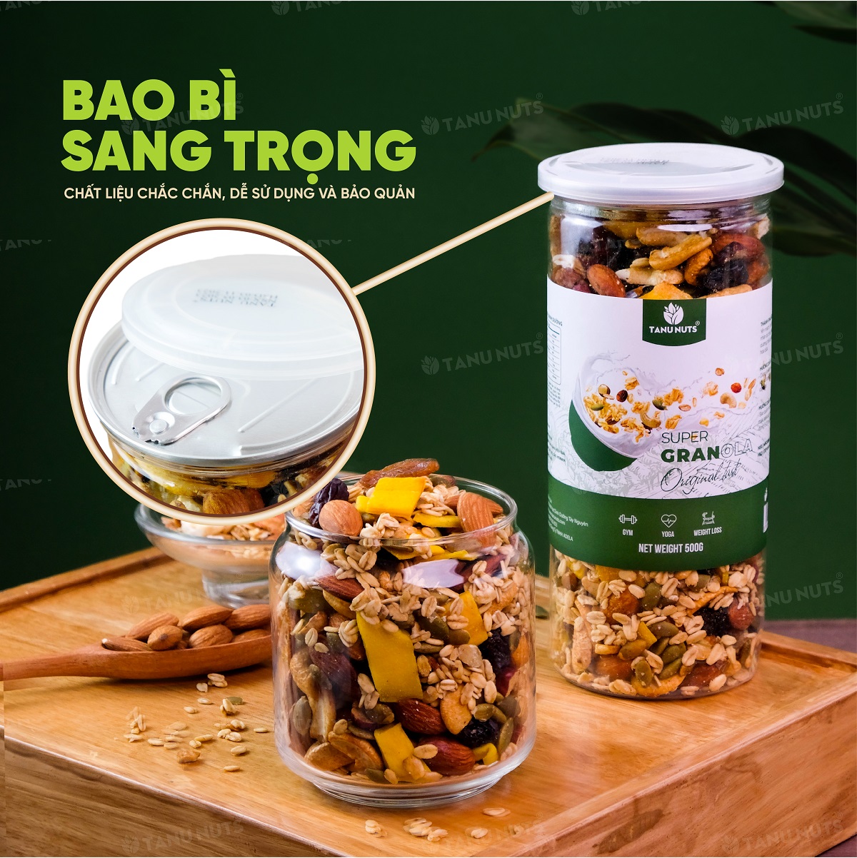 Granola siêu hạt 15% yến mạch TANU NUTS, ngũ cốc ăn kiêng giảm cân không đường tốt cho gym, yoga