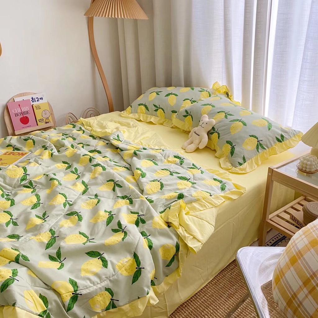 Bộ chăn đũi hè vỏ ga và 2 vỏ gối M2T bedding chăn lót bông thiết kế phối bèo họa tiết quả chanh đào