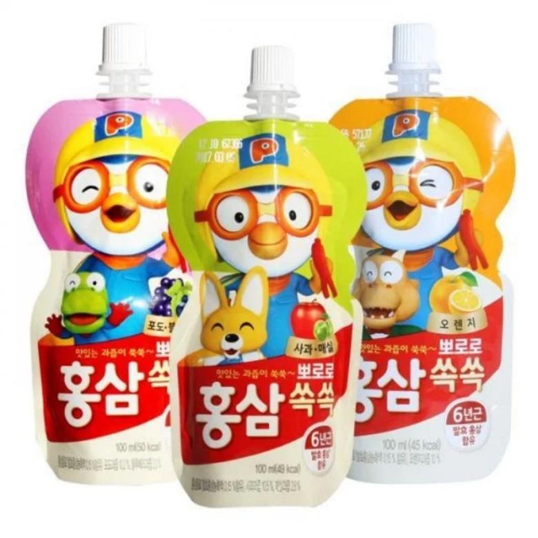 1 xách 10 túi Nước hồng sâm trái cây Pororo 100ml/túi Hàn Quốc