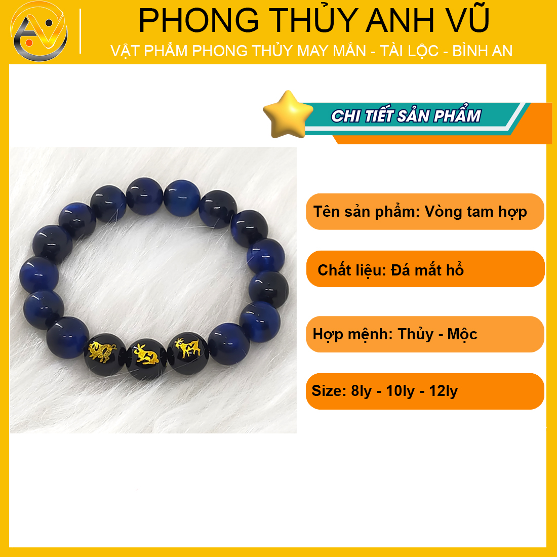 Vòng tay phong thủy tài lộc đã khai quang - tam hợp hợi mão mùi chất liệu đá mắt hổ - size 8 10 12ly - Vòng Tam Hợp Anh Vũ