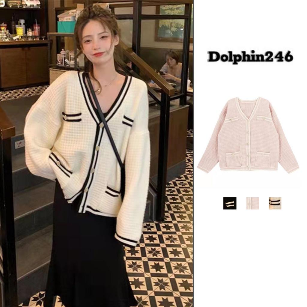 Áo cardigan khoác len nữ dệt kim dài tay basic đen trắng cổ V len nổi thời trang retro C-3