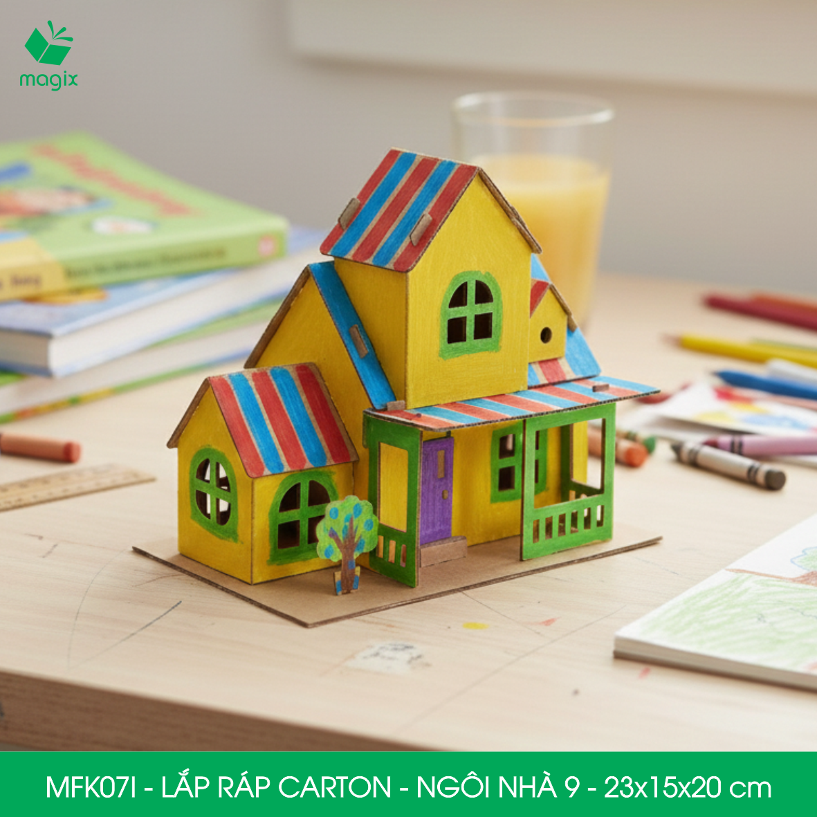 MFK07I - 23x15x20 cm - Mô hình ngôi nhà lắp ráp từ bìa carton cao cấp, nhà giấy carton mini sáng tạo
