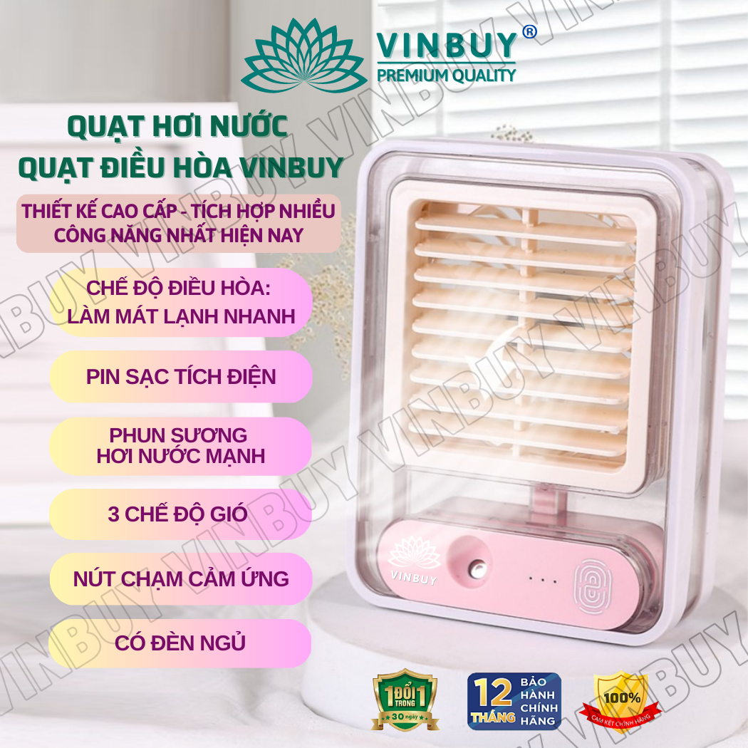 Quạt điều hòa hơi nước mini làm mát không khí để bàn nhỏ gọn, phun sương mạnh nhiều chế độ có bình đựng nước, nốt chạm cảm ứng, pin sạc tích điện, có đèn - Hàng chính hãng VinBuy