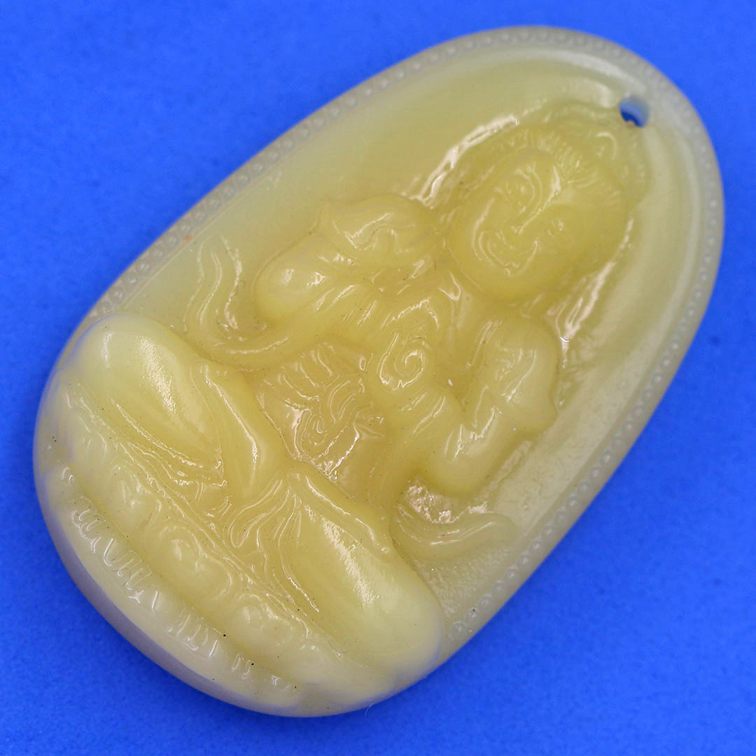 Mặt Phật Đại nhật như lai đá thạch anh vàng 4.3 cm kèm móc và dây chuyền inox vàng, Mặt Phật bản mệnh