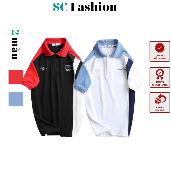 Áo thun nam tay ngắn cổ bẻ phối vải poly thêu chữ , mềm mịn, thấm hút mồ hôi SC0023