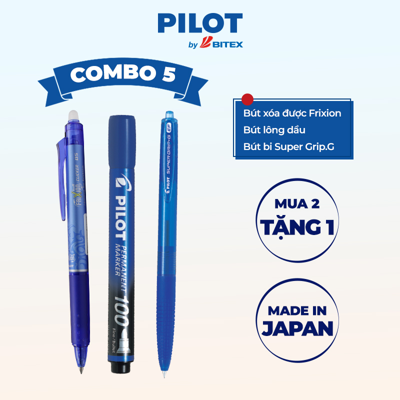 Combo Pilot 05 : Bút xóa được mực xanh, Bút lông dầu mực xanh, Bút bi Super Grip.G mực xanh