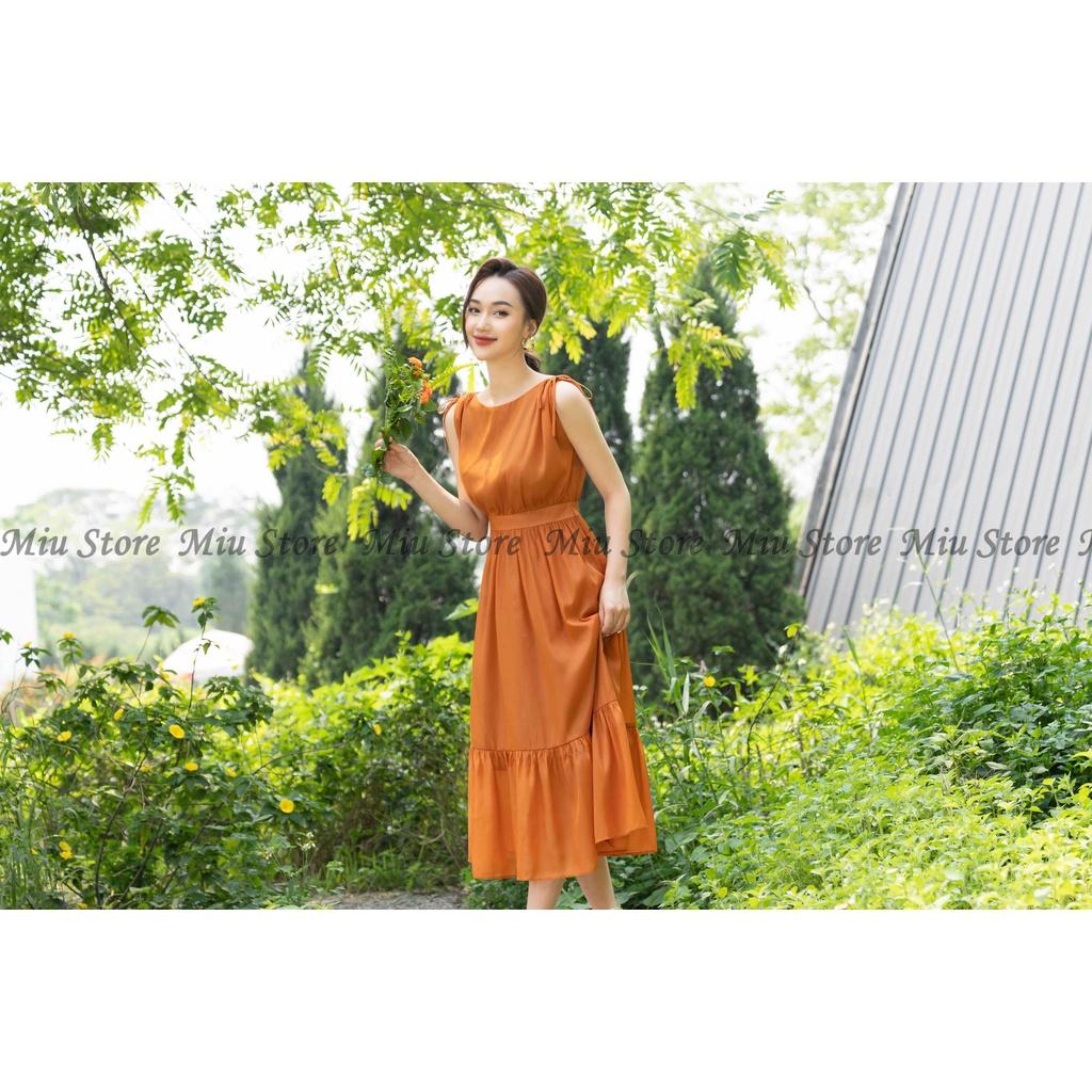 D00357 - Đầm thiết kế maxi cam vai rút dây vải voan màu cam cao cấp Miu Store