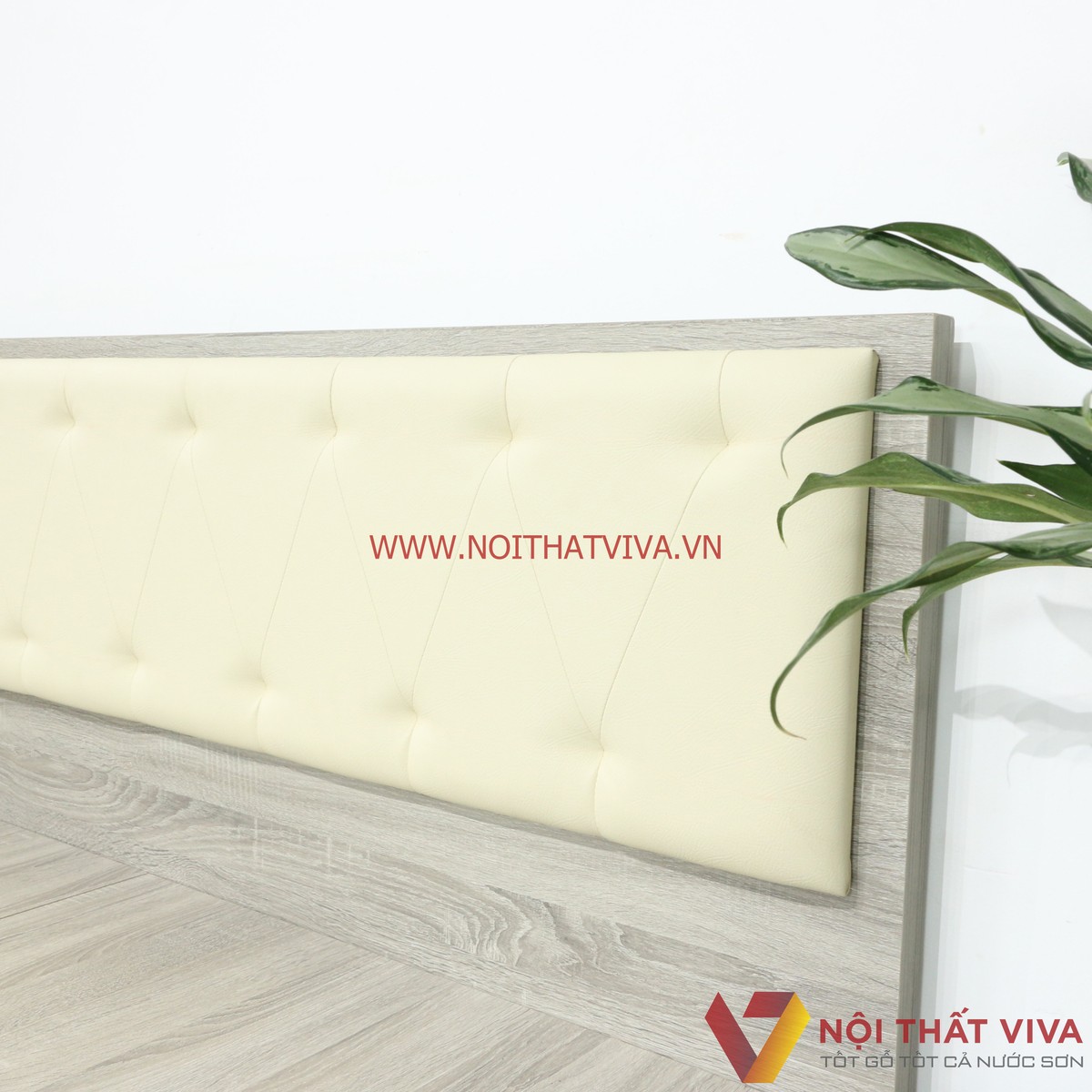 Giường Ngủ Gỗ MDF Melamine Màu Xám Vân Gỗ Có Đầu Nệm Kem Đẹp Hiện Đại