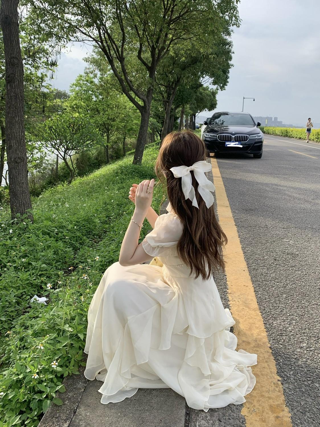 SHUANGYAN Phong cách Pháp cổ vuông nhẹ nhàng Fairy Wind Dress cho phụ nữ mùa hè 2023 Thắt lưng cho phụ nữ