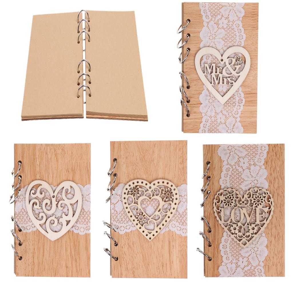 Rustic Kraft Lace Wooden Cover Decor Wedding Guestbook Notebook Mr Mrs