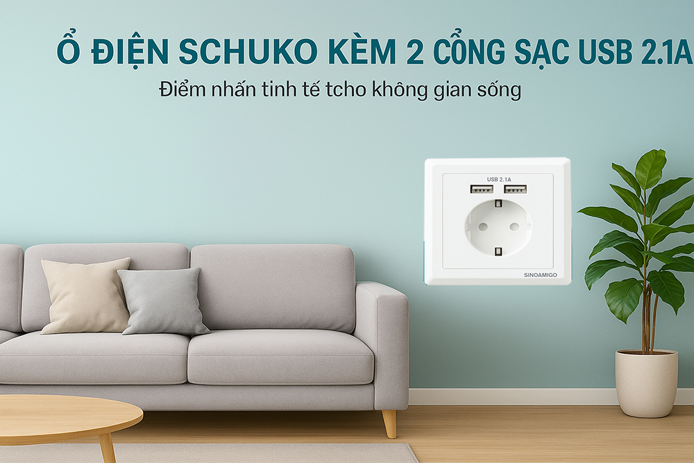 Ổ cắm điện Schuko (chuẩn Hàn Quốc) âm tường kèm 2 cổng sạc USB 5V-2.1A - Sinoamigo SW-1EUA  nhập khẩu chính hãng