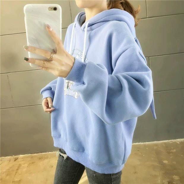 ÁO KHOÁC NỈ HOODIE IN HÌNH, NÓN PHỐI TAI THỎ XINH XẮN