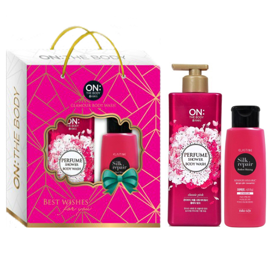 Hộp Quà Sữa tắm dưỡng ẩm hương nước hoa On The Body Perfume Classic Pink 500ml và Dầu gội dưỡng tóc Elastine Silk Repair 120ml