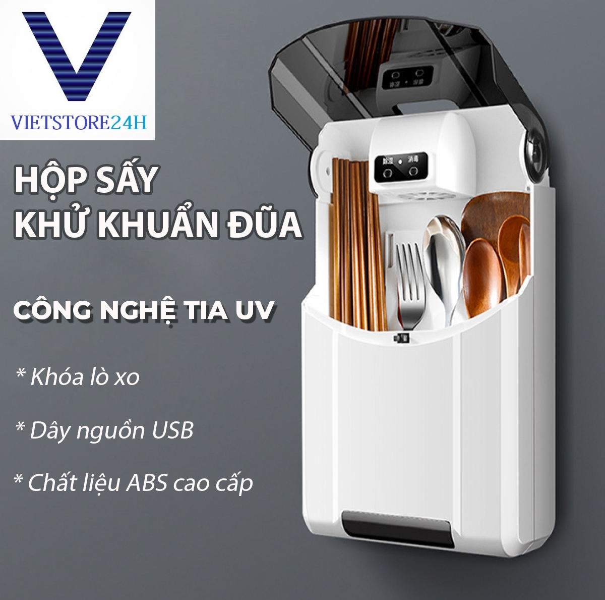 Hộp đựng đũa muỗng treo tường sấy khô hút ẩm và khử trùng bằng tia cực tím tiện dụng cho nhà bếp GD00018