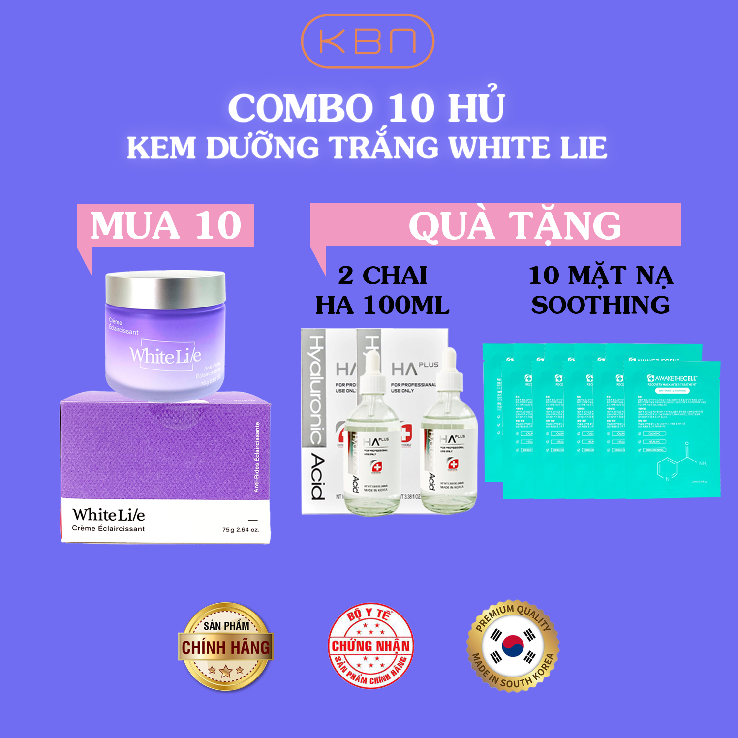 Combo 10 Sản Phẩm Kem Dưỡng Trắng White Lie + Tặng Kèm 2 Serum HA Plus - 100ml + Tặng Kèm 10 Mặt Nạ Soothing