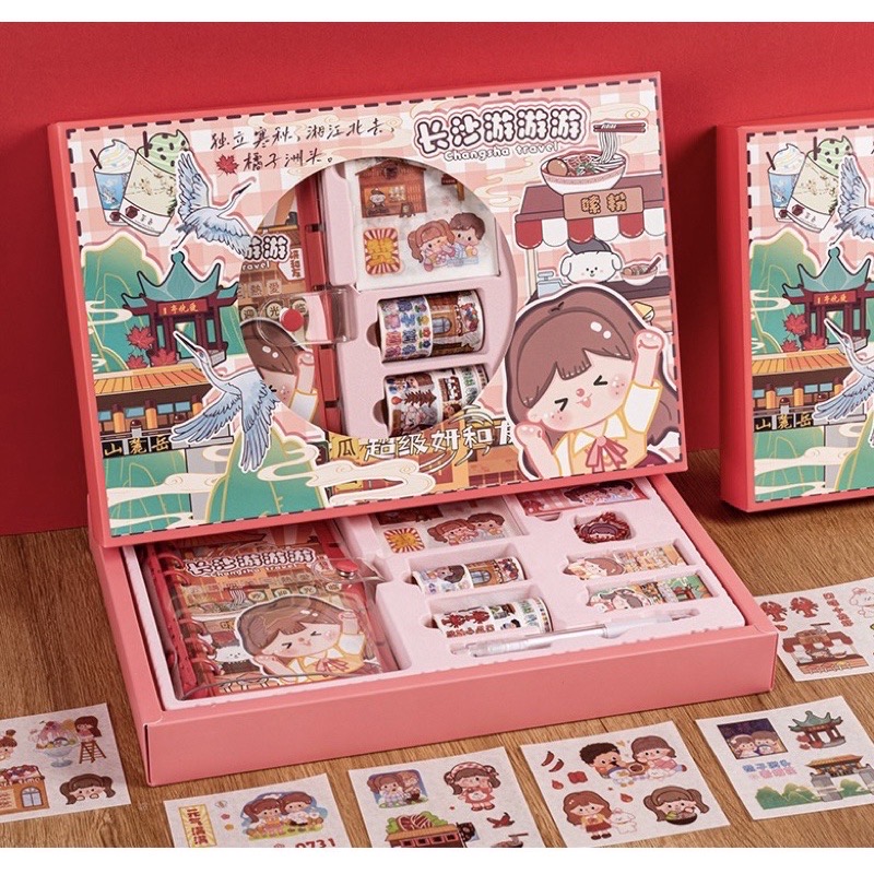 Set hộp quà tặng dễ thương kèm sổ tay sticker, washi, giấy note và móc khoá xinh và miếng nam châm chặn giấy